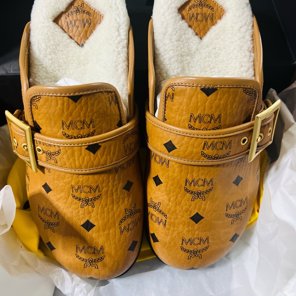 MCM Cognac Logo Leather Shearling Clogs with Gold Buckles